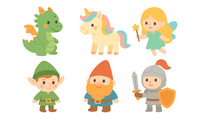 Cute fantasy characters: dragon, unicorn, fairy, elf, dwarf, knight