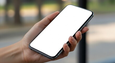 Modern smartphone held in a hand featuring a pristine white screen, an ideal digital device mockup for showcasing mobile app interfaces, website designs, and innovative technology concepts