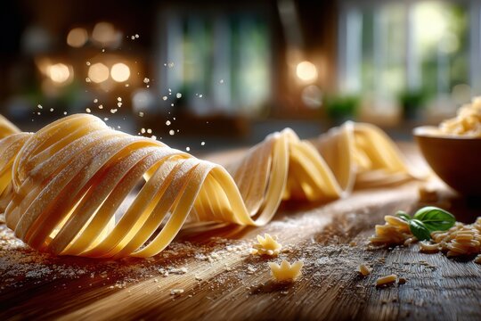 Fresh pasta ribbons dusted with flour on wooden table