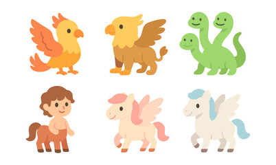 Obraz premium Cute mythical creatures set with cartoon style phoenix, griffin, hydra, centaur, and pegasus