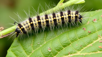 Fototapeta premium Nature's Sign: Hairy Caterpillars (Orgyia thyellina) Explore Leaf Tips in Spring
