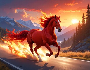 Epic fantasy digital artwork of a red flaming horse galloping through a mountain road at sunset. Perfect for concepts of power, speed, mythology, freedom, and mystical energy, 2026