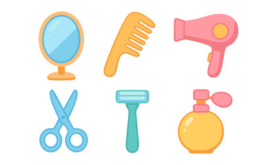Colorful flat style haircare and grooming tools collection