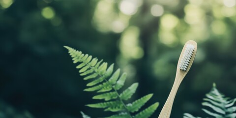 A Sustainable Bamboo Toothbrush Elegantly Surrounded by Beautiful, Lush Greenery All Around