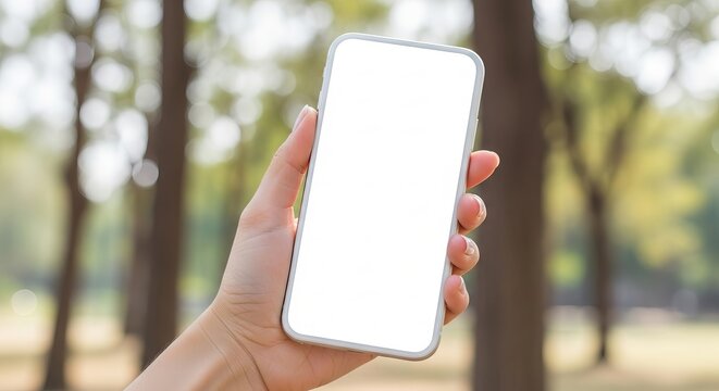 Close-up shot of a human hand holding a modern smartphone with a blank white screen in a natural outdoor park setting, perfect for digital content and application design Mockup presentations