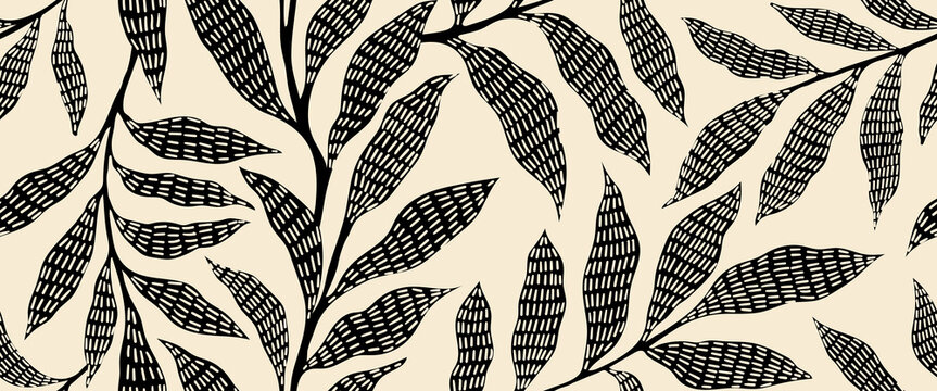 Abstract art vintage colors tropical line art leaves seamless background vector. Wallpaper design with leaves shapes and scribble doodle linear leaf. vintage botanical floral seamless pattern