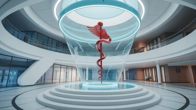  A vibrant, pulsating medical symbol (e.g., Rod of Asclepius) - Hopeful and healing - Floating majestically in the center of an abstract, futuristic clinic lobby. 