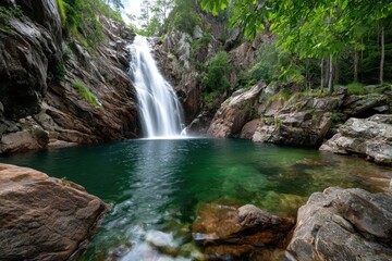 Fototapeta premium Waterfall cascades into a clear green pool in a rocky gorge