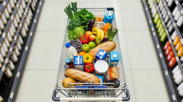 Shopping cart full of fresh produce in store. Shopping cart loaded with healthy food: fruit, vegetables and bread on supermarket aisle.