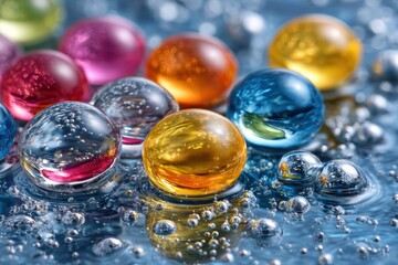 Colorful glass spheres on a wet surface