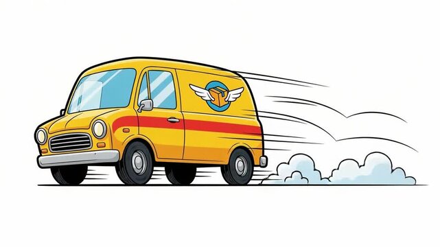 Yellow van illustration showing a delivery service. Yellow van on white shows speed, a perfect delivery service. Delivery service depicted in yellow van drawing is ideal for animated video.