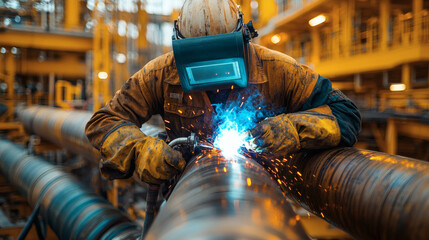 Worker welding pipes offshore platform