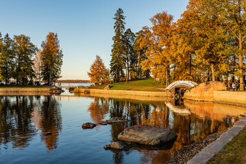 Beautiful autumn landscape in the park, Mon Repos, Vyborg, Russia