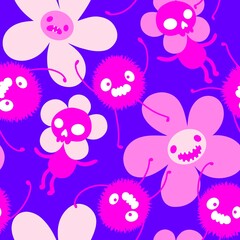 Autumn floral seamless Halloween skulls flower and monsters pattern for wrapping paper and fabrics and kids
