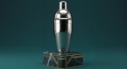 Art Deco inspired cocktail shaker on marble stand with dark background  