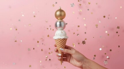 Creative Christmas concept with hand holding ice cream cone decorated with festive baubles on pink background with golden confetti, symbolizing modern holiday celebration in playful style