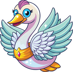 Whimsical cartoon swan with large blue eyes and golden chest plate