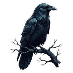 Fototapeta premium Majestic Gothic Raven Vector Illustration Perched on Gnarled Branch. Elegant Dark Academia Bird, for halloween clipart Isolated on Clean White Background.