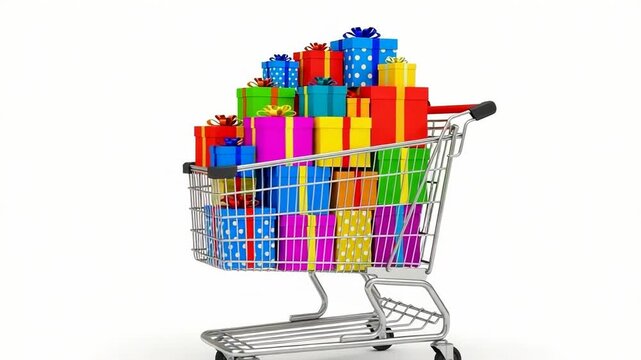 Shopping cart filled with colorful presents and gifts, ready for holiday shopping. Shopping cart overflows with vibrant gift boxes, ribbons, and bows, symbolizing celebration and joy.