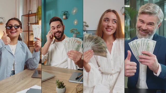 Collage of happy rich people men women counting money dollar cash banknotes with pleased expression. Feeling joy about funds for shared financial goals. Celebrate success career salary wealth income