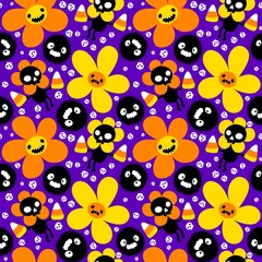 Autumn floral seamless Halloween skulls flower and monsters pattern for wrapping paper and fabrics and kids