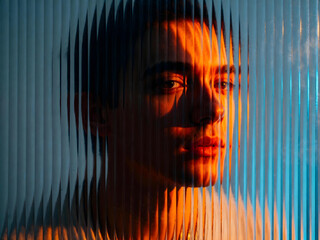 Side Portrait Through Ribbed Glass – Editorial Style with Warm Light
