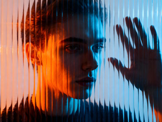 Moody Portrait Behind Ribbed Acrylic – Blue and Orange Neon Lighting
