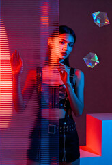 Model and Geometric Object – Futuristic Beauty with Optical Distortion

