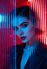 Neon Red and Blue Fashion Portrait – Stylized Glass Distortion
