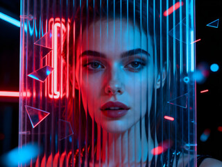 Cyber Editorial Portrait – Acrylic Glass Distortion and Neon Signs
