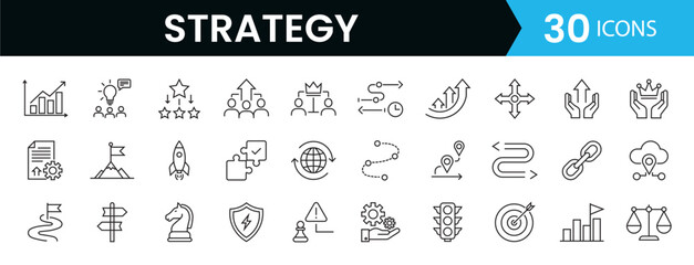 Modern Minimal Line Strategy Icons Set with Business Planning, Vision, Roadmap, Growth, Leadership, Risk Management and Success Symbols