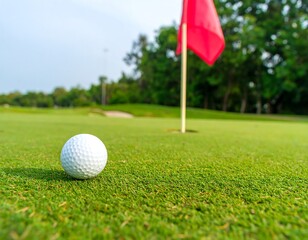 Obraz premium Golf ball on green fairway with red flag