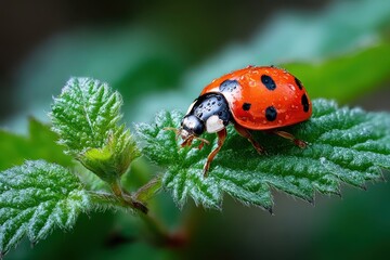 Fototapeta premium Ladybug with Water Droplets on Green Leaf