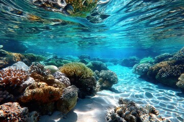 Obraz premium Underwater Coral Reef Scene With Sunlight