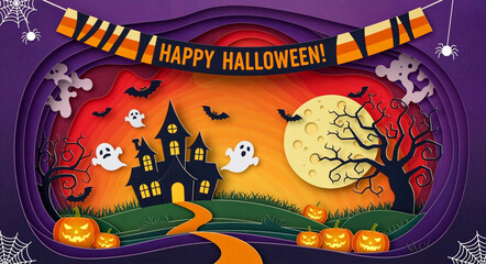 "Happy Halloween" banner with a haunted house, ghosts, pumpkins, and bats in a paper cut-out style