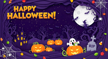 Happy Halloween banner with a haunted forest, pumpkins, a ghost, and a witch in paper cut-out style