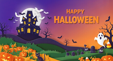 Happy Halloween paper-cut banner with a haunted house, ghosts, pumpkins, and a black cat.