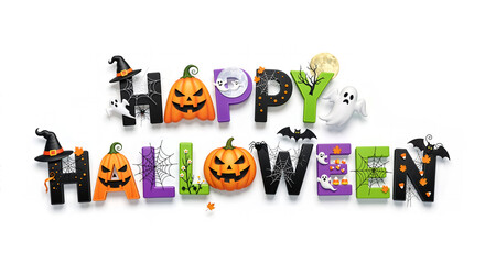 Cute 3D "happy halloween" text decorated with a spooky, festive theme on a white background.