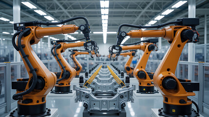 Robotic arms assembling automotive parts in a modern factory