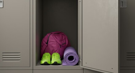 Fitness locker with purple yoga mat, pink backpack, and sneakers  