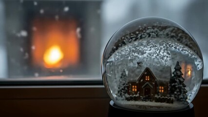 Snow globe winter house with falling snow sparkles beside fireplace, warm holiday spirit. Christmas decor, cozy cabin, festive greeting card, magical snow, home warmth. - Powered by Adobe