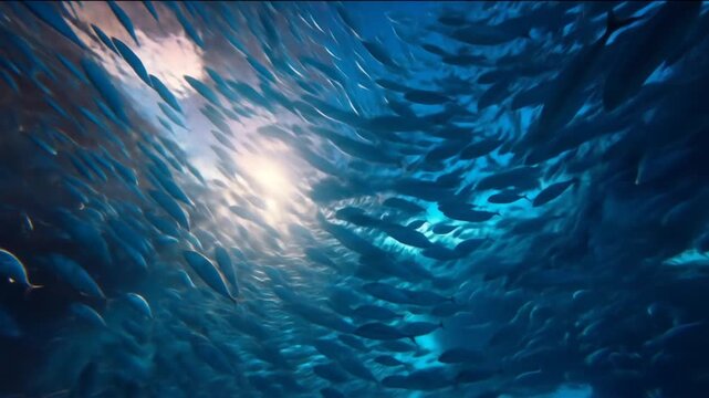 School of fish swims near surface, light streams through water, creating shimmering effect