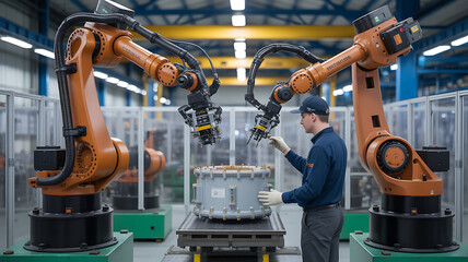 Fototapeta premium Worker operates robotic arms in an industrial manufacturing facility