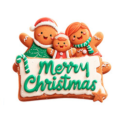 Obraz premium Watercolor gingerbread family with “Merry Christmas” sign and holly. Festive clipart, isolated on white