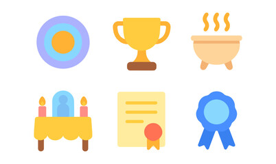 Award icons set: trophy, ribbon, certificate, medals in flat pastel design for celebrations and achievements