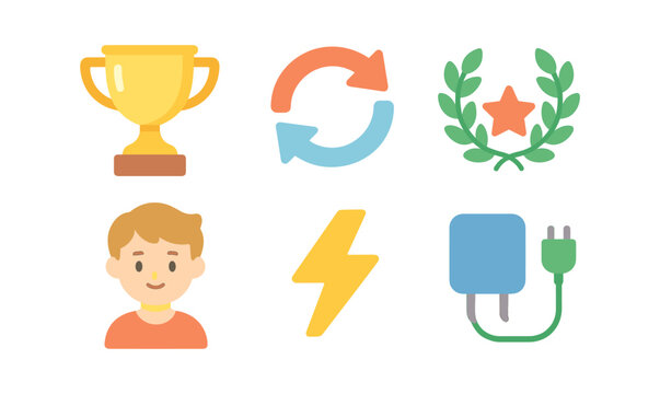 Colorful flat icons: trophy, refresh, laurel, person, lightning, charger