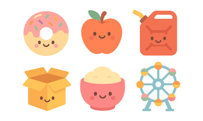 Cute kawaii faces on everyday objects with pastel colors