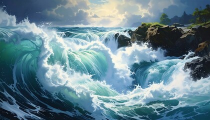 Dramatic ocean waves crashing against rocky shores