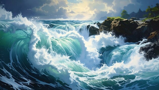 Dramatic ocean waves crashing against rocky shores - Powered by Adobe