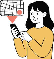 Vector art of a smiling woman uses her smartphone for navigation, with a map displayed above, indicating location and direction, representing modern technology and convenience in everyday life